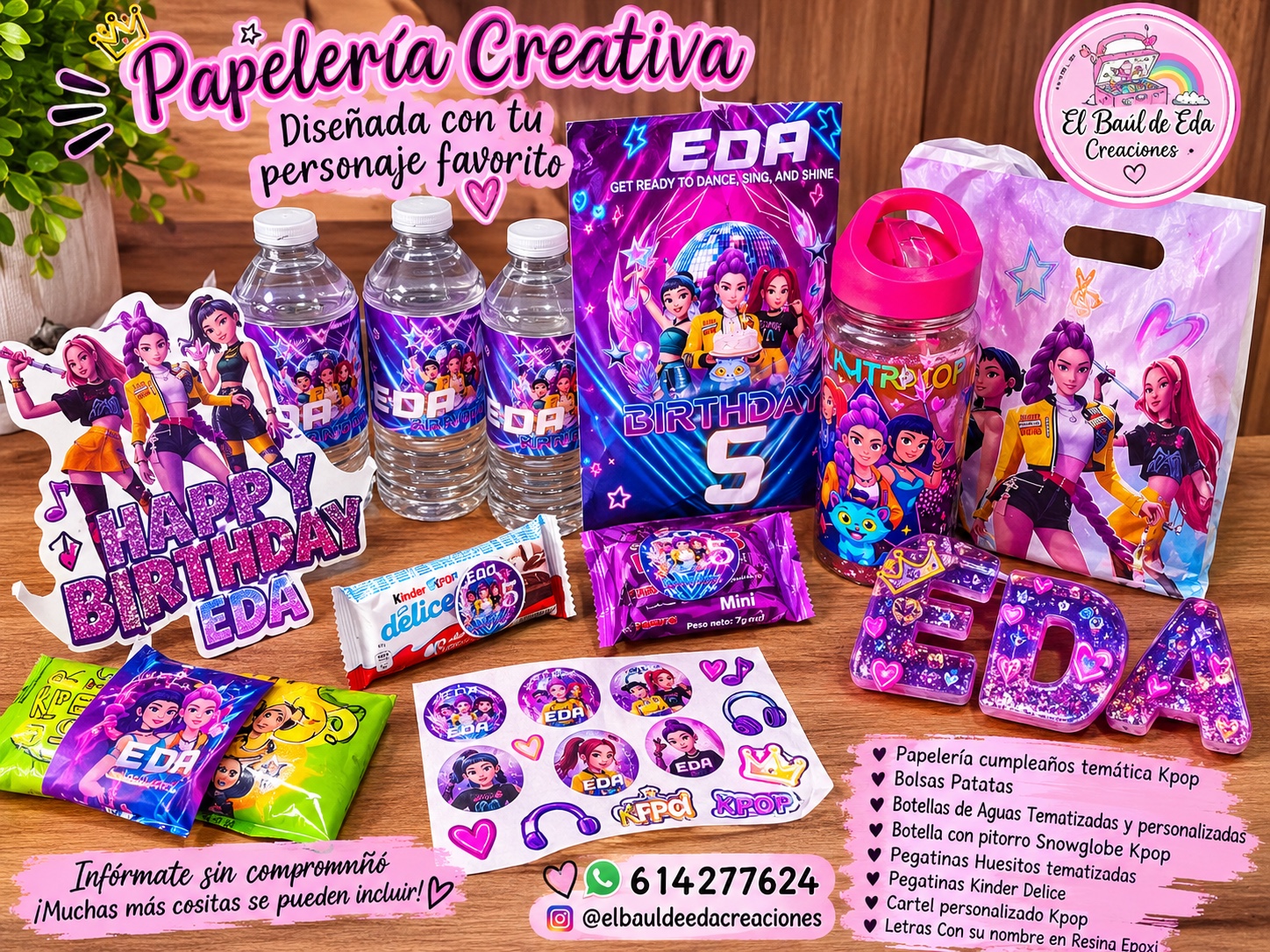 Papelería creativa temática K-pop con botellas, cartel, letras y productos personalizados